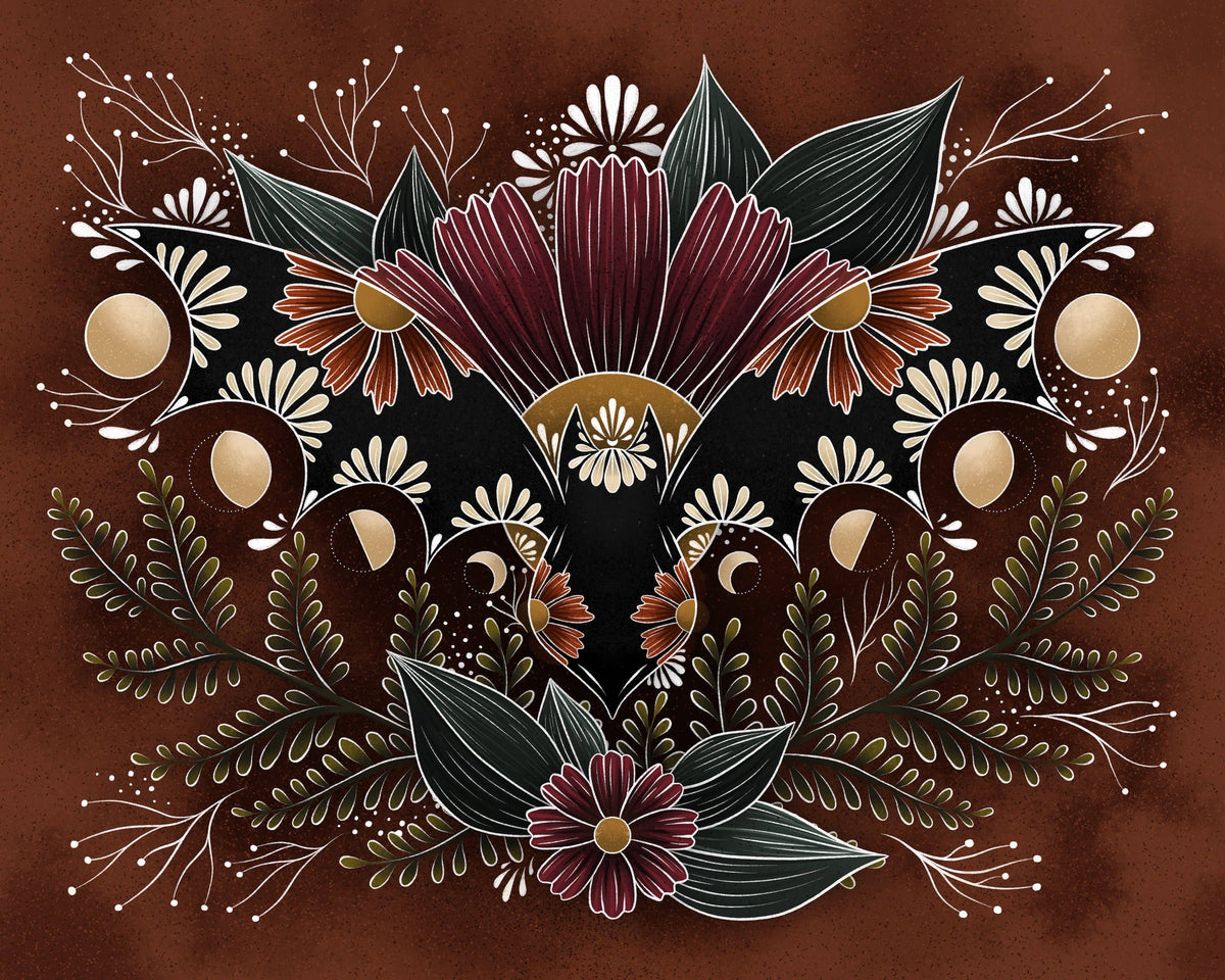 Witchy Moon Phase Bat Print by These Old Woods