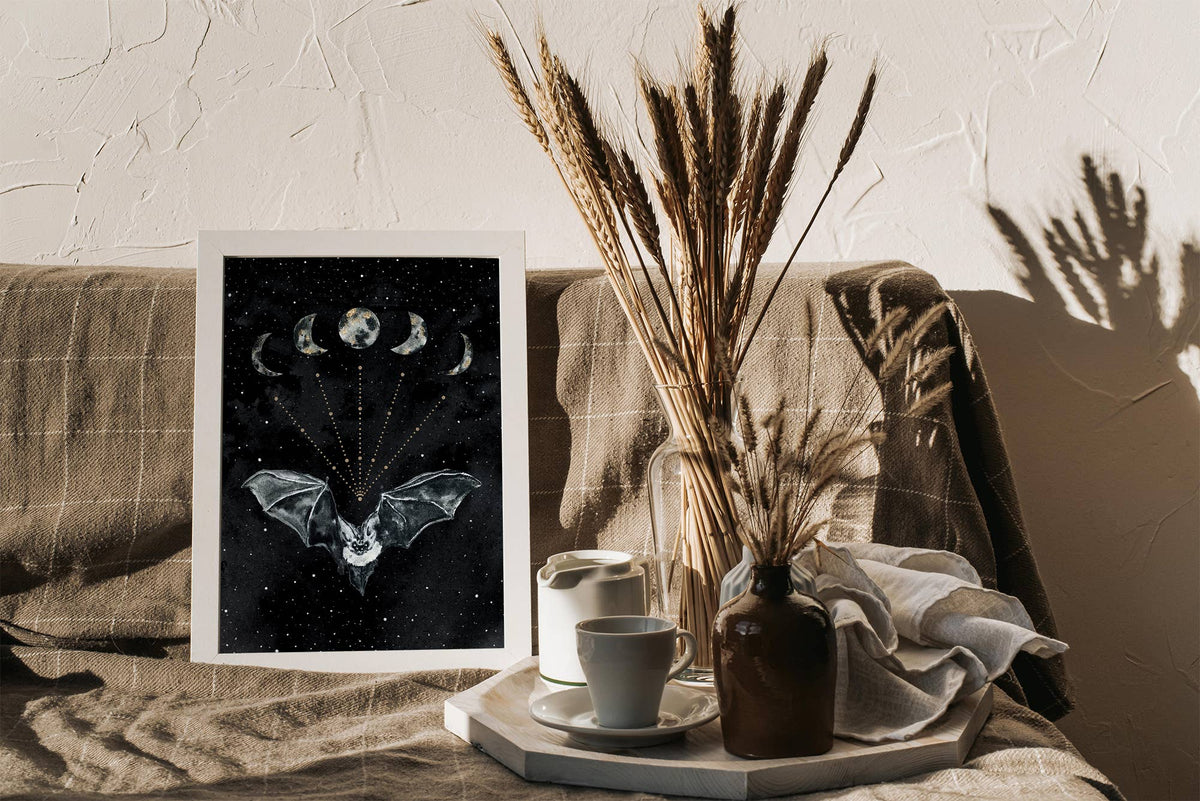 Bat Print, Moon Phases Poster Witchy Art Print Wall Art by The Flow Design
