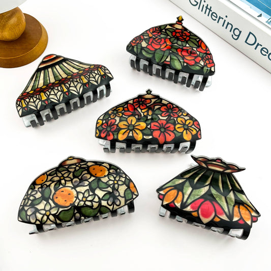 Vintage Floral Stained Glass Lamp Shade Acrylic Hair Claw