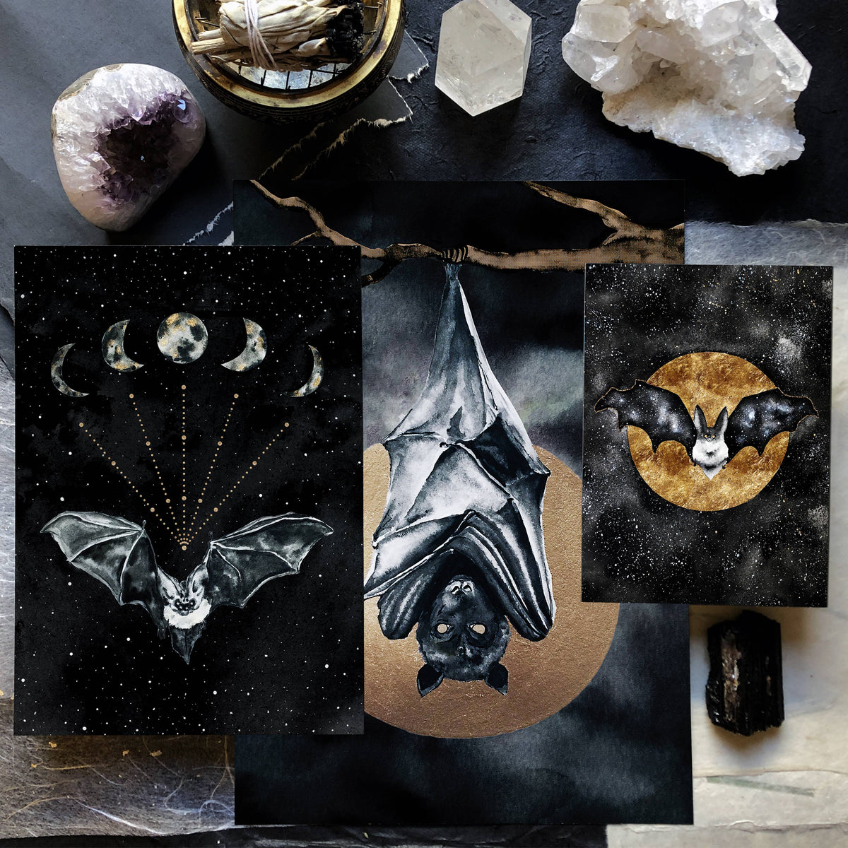 Bat Print, Moon Phases Poster Witchy Art Print Wall Art by The Flow Design