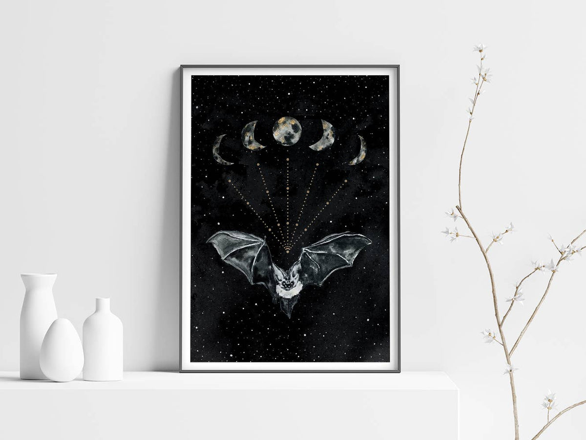 Bat Print, Moon Phases Poster Witchy Art Print Wall Art by The Flow Design