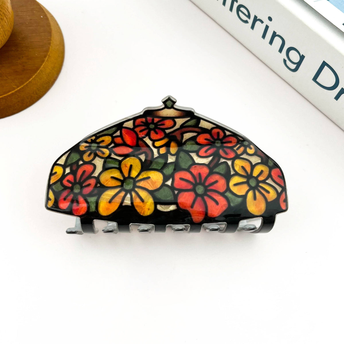 Vintage Floral Stained Glass Lamp Shade Acrylic Hair Claw