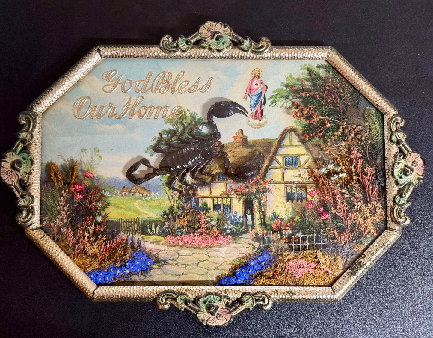 Antique Bubble Convex Glass  “God Bless Our Home” Diorama Frame with Taxidermy Scorpion