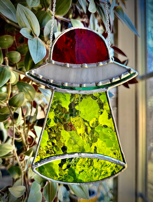 Alien Space Ship with Cat Stained Glass Suncatchers