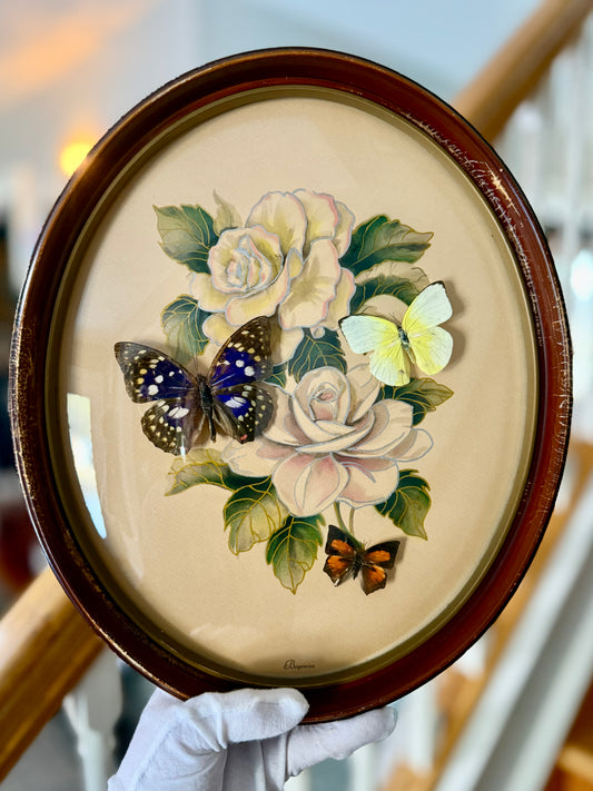 Antique Convex Bubble Glass Frame Begonia Art with Butterflies