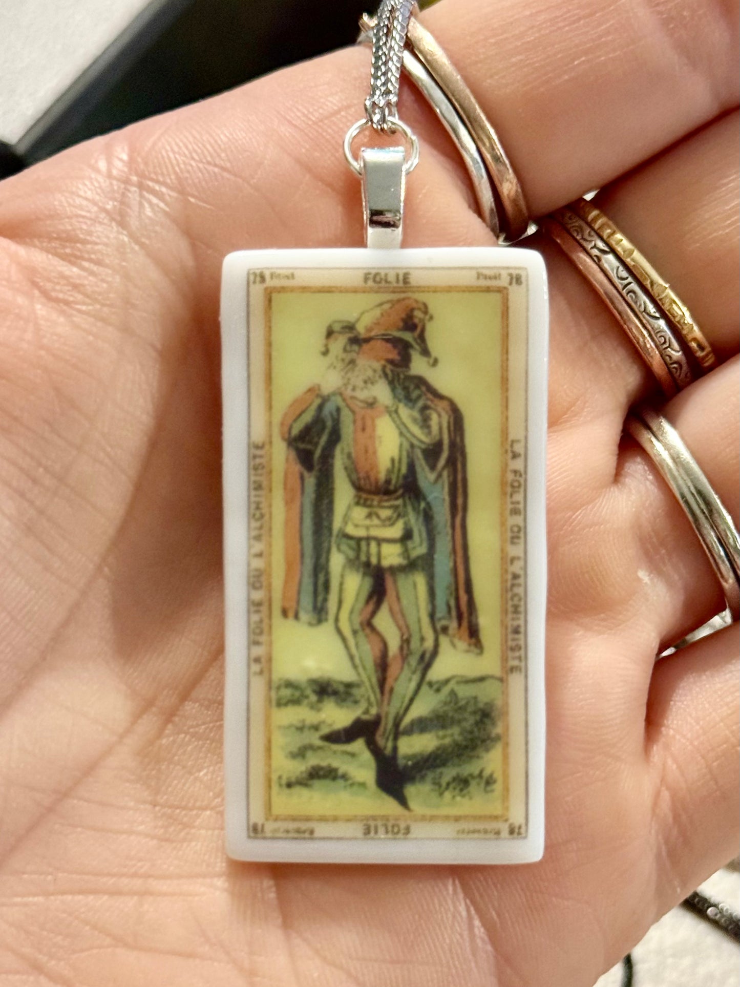 Fused Glass French Nouveau Tarot Card Necklace with bolo adjustable chain