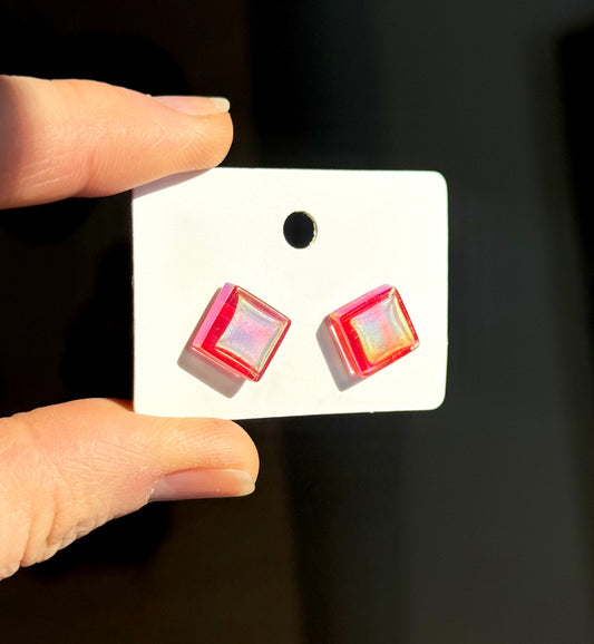 Iridescent Glass Tile Stud Earrings