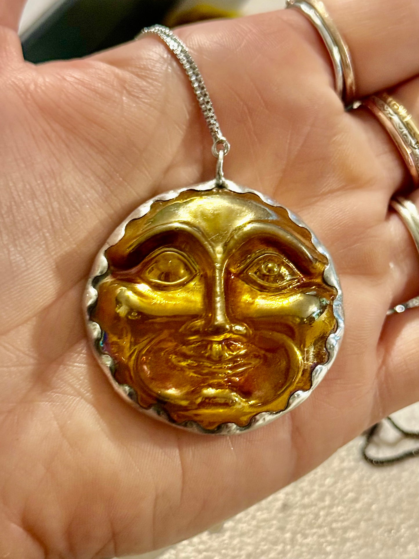 Moon Face Stained Glass Pendant with bolo style adjustable chain