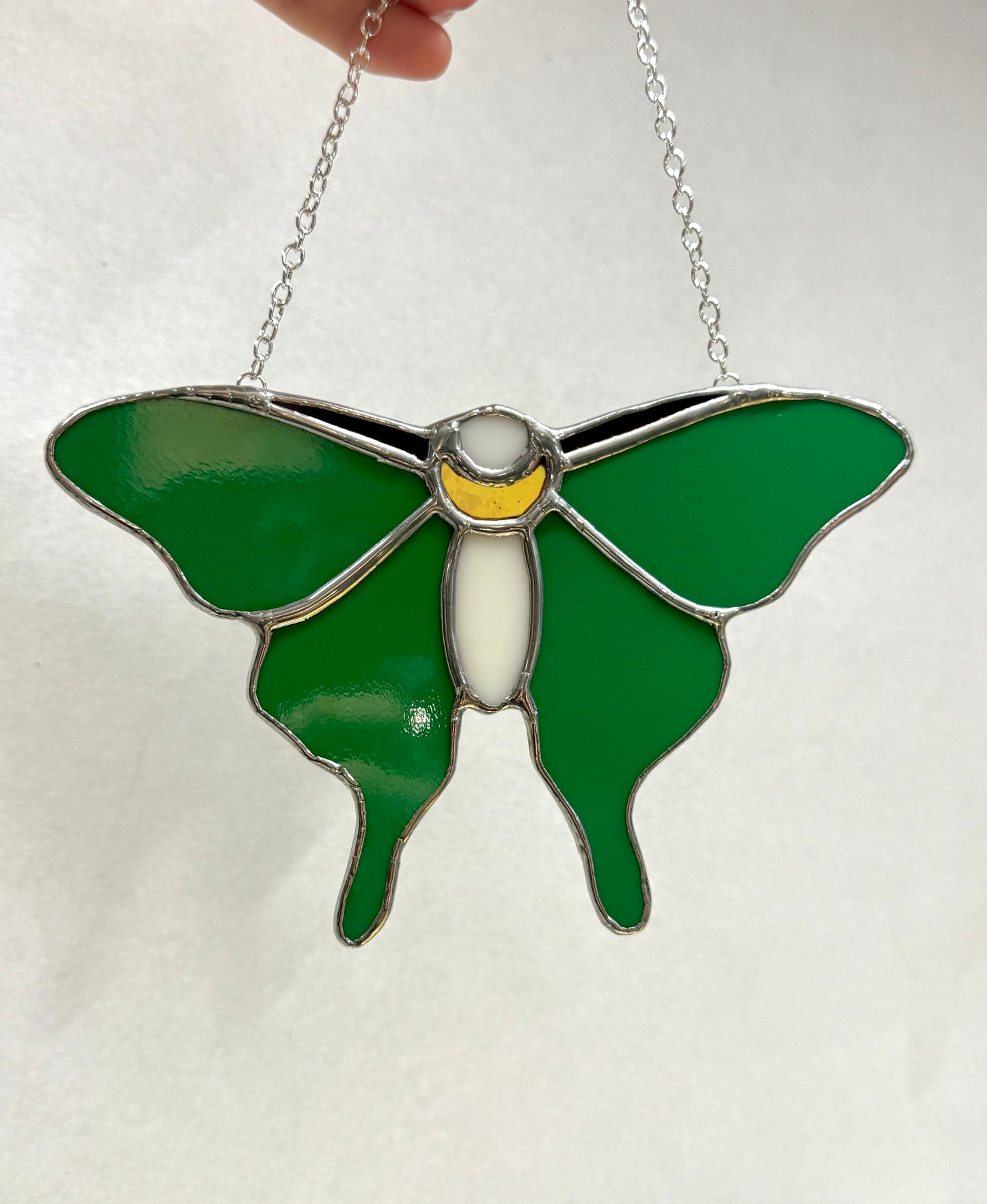 Luna Moth Stained Glass Suncatcher with Crescent Moon
