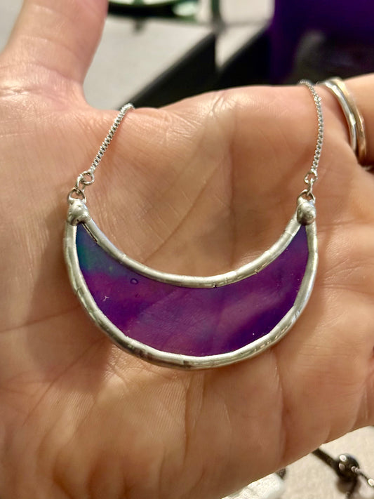 Stained glass crescent moon necklace with bolo style adjustable chain