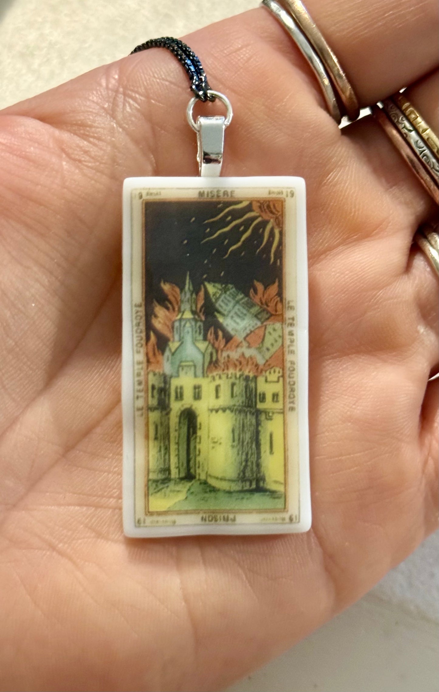 Fused Glass French Nouveau Tarot Card Necklace with bolo adjustable chain