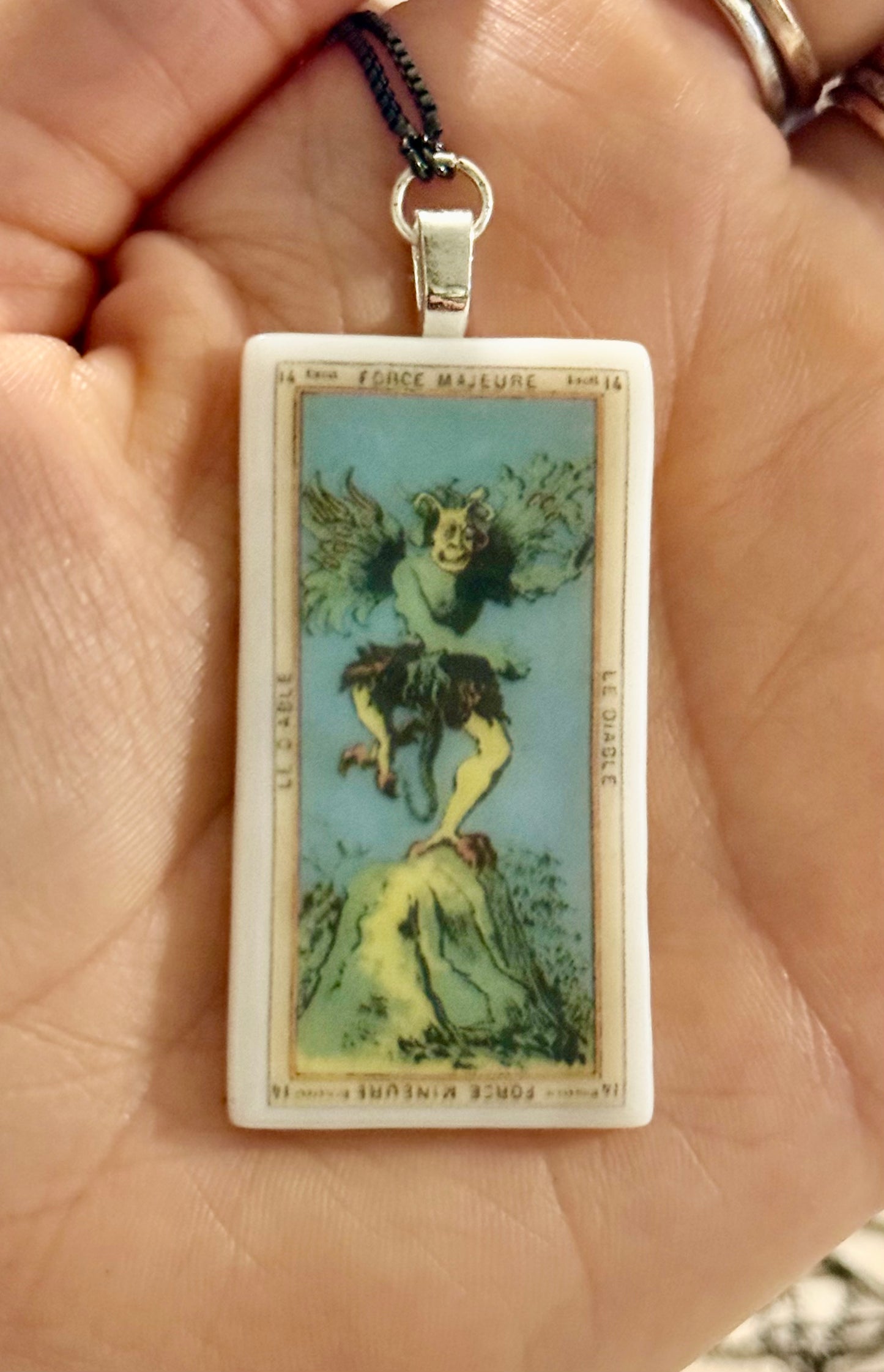 Fused Glass French Nouveau Tarot Card Necklace with bolo adjustable chain