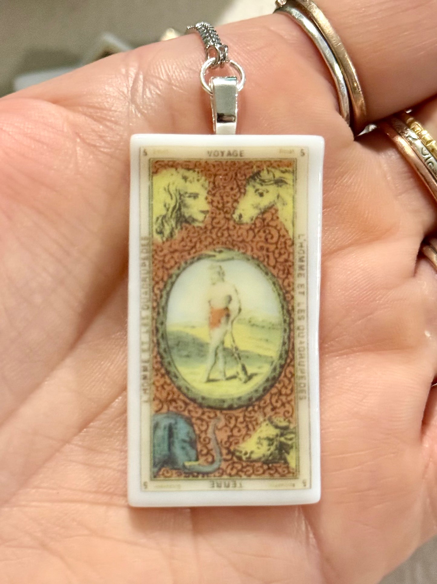 Fused Glass French Nouveau Tarot Card Necklace with bolo adjustable chain