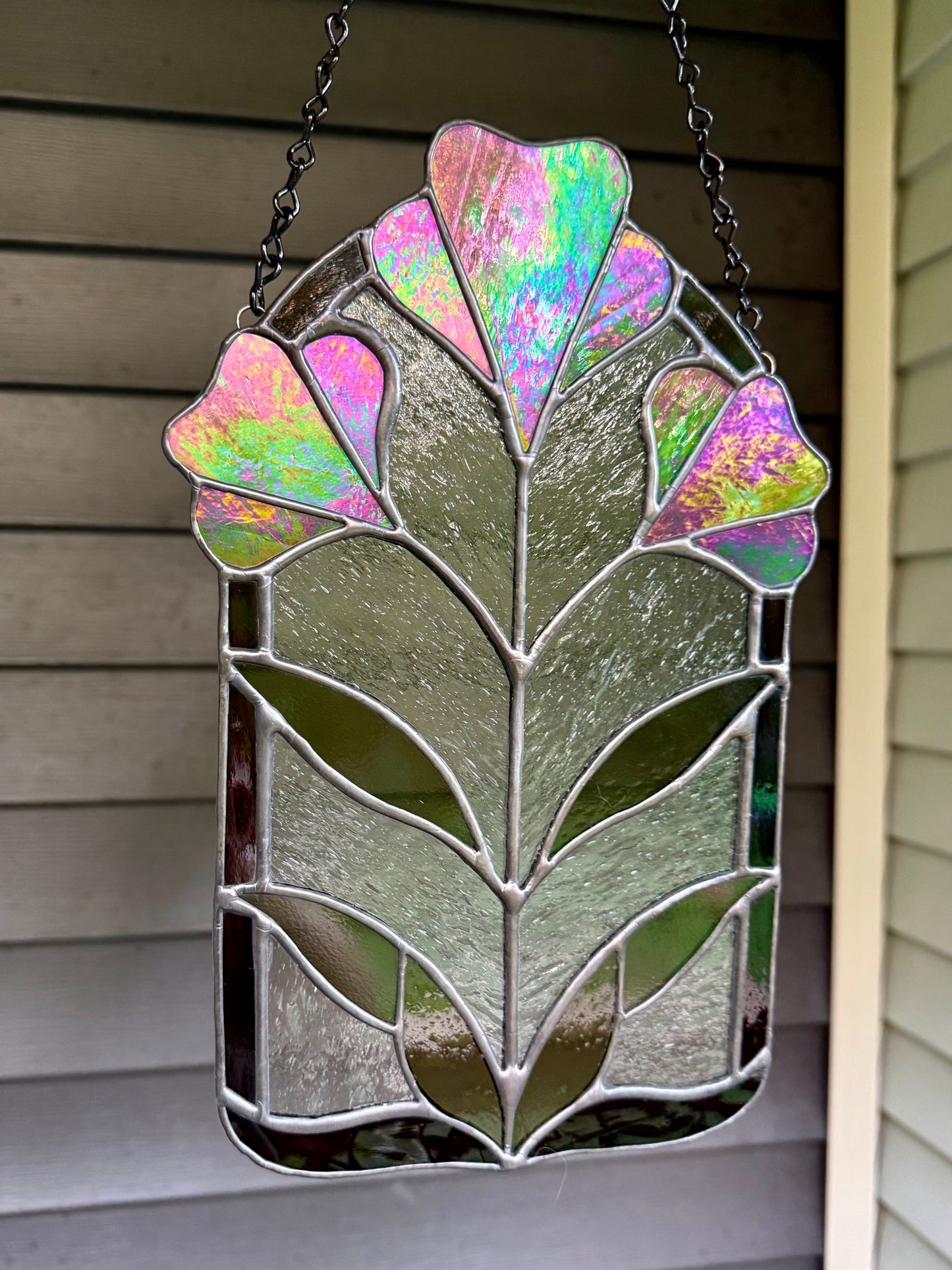Yellow Iridescent Flower Stained Glass Suncatcher Panel