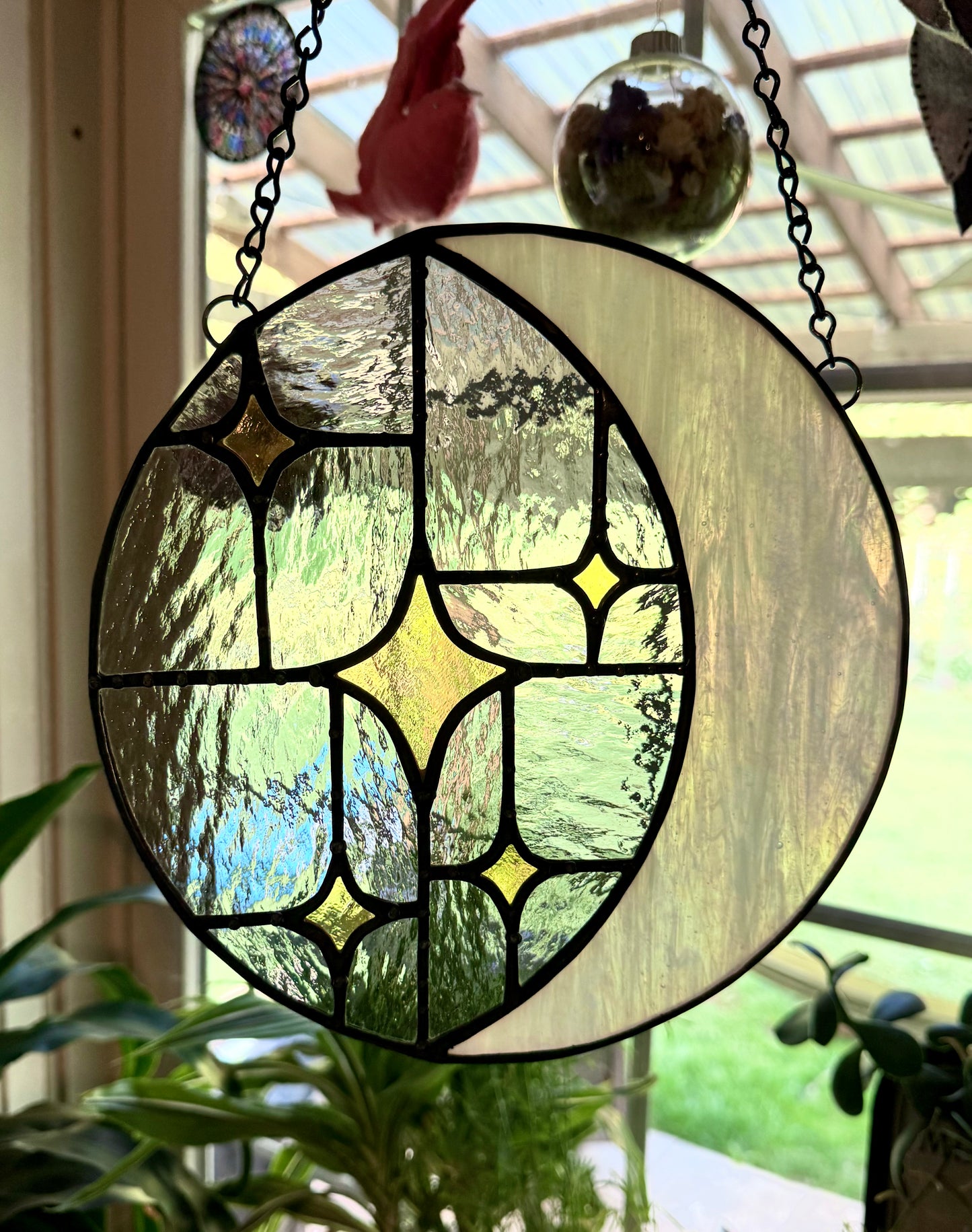 Moon and Stars Iridescent Stained Glass Suncatcher