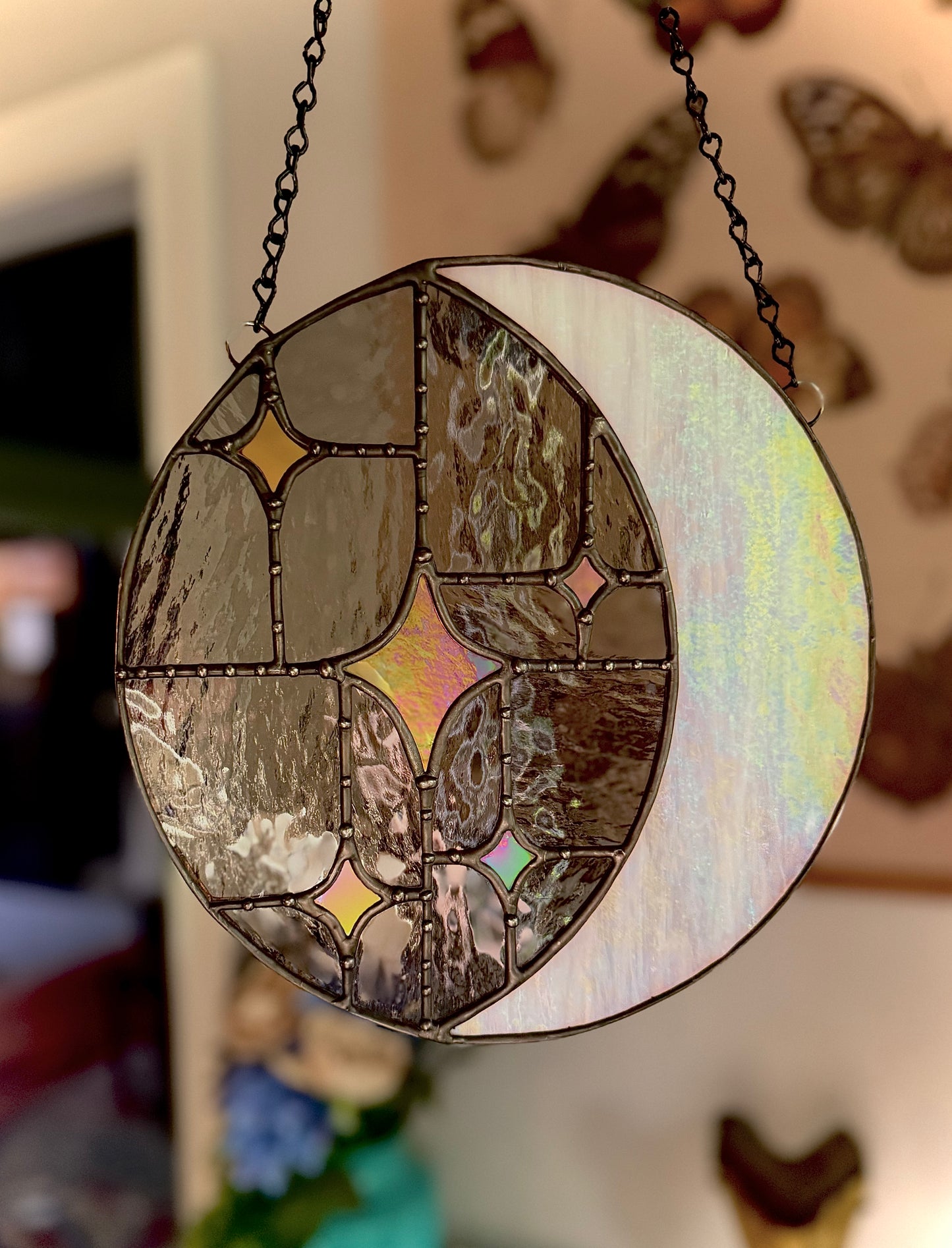 Moon and Stars Iridescent Stained Glass Suncatcher