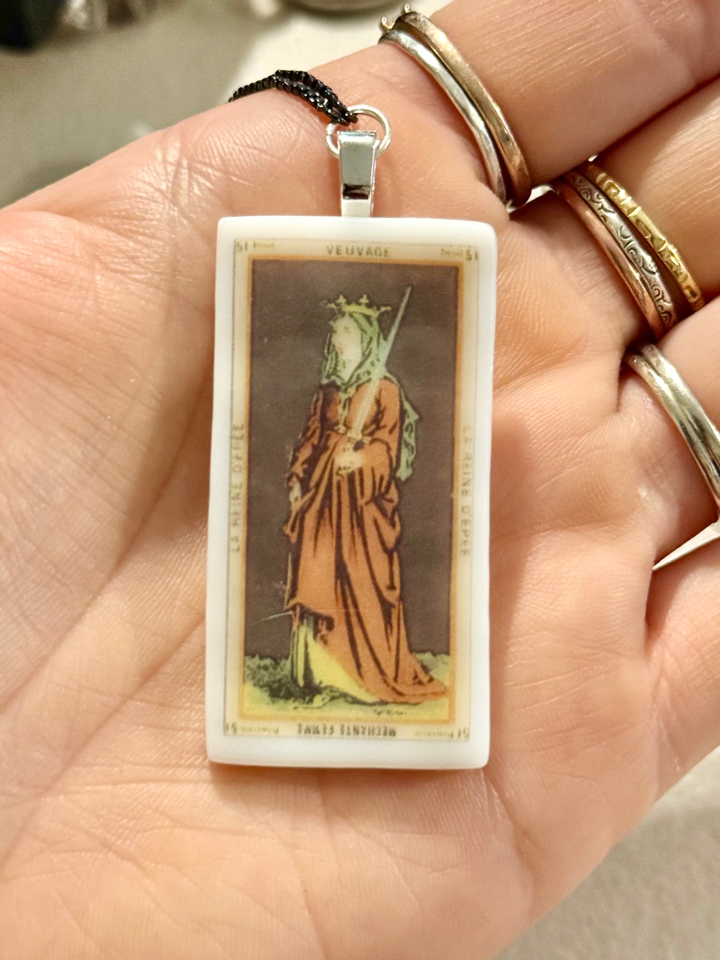 Fused Glass French Nouveau Tarot Card Necklace with bolo adjustable chain