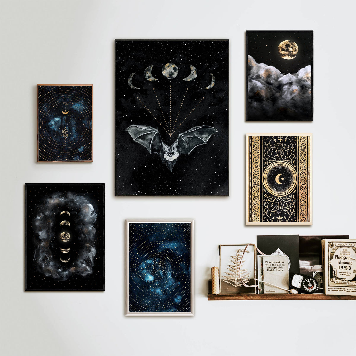 Bat Print, Moon Phases Poster Witchy Art Print Wall Art by The Flow Design