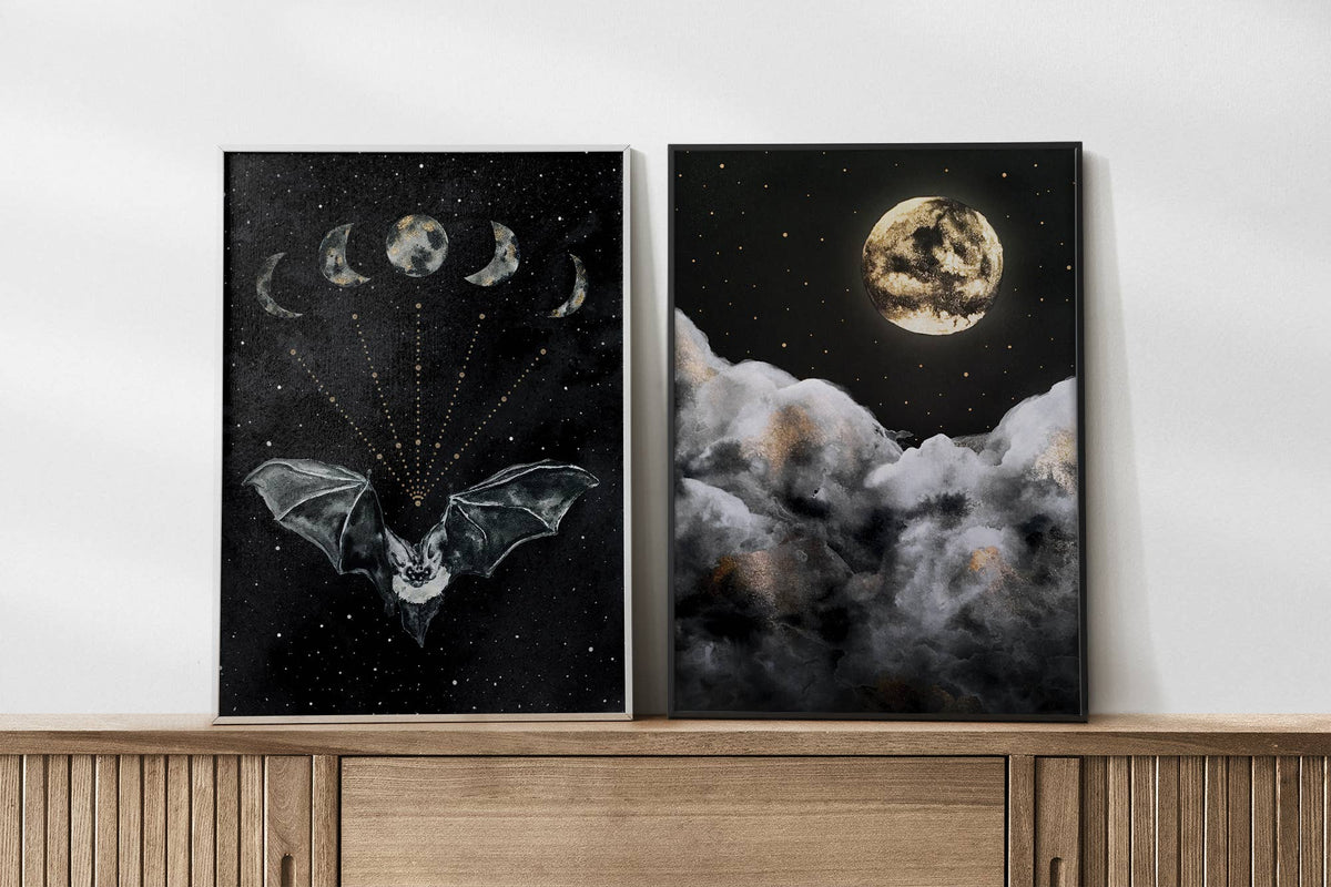 Bat Print, Moon Phases Poster Witchy Art Print Wall Art by The Flow Design
