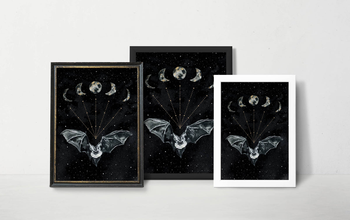 Bat Print, Moon Phases Poster Witchy Art Print Wall Art by The Flow Design